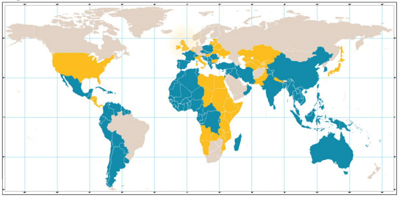 A world map showing locations where ESEAT heads are frequently used (in blue) and sometimes used (in yellow)