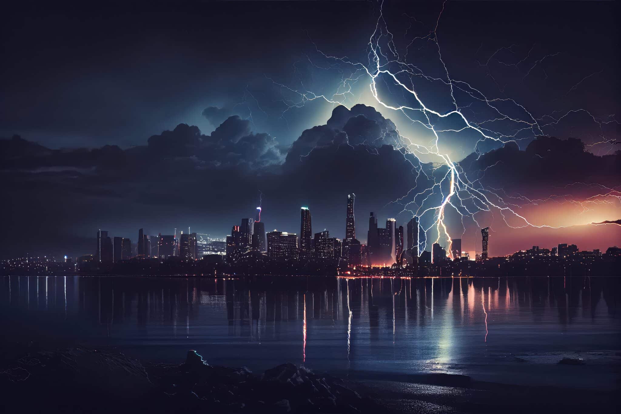 City skyline at night, with flashes of lightning and thunderstorm in the distance