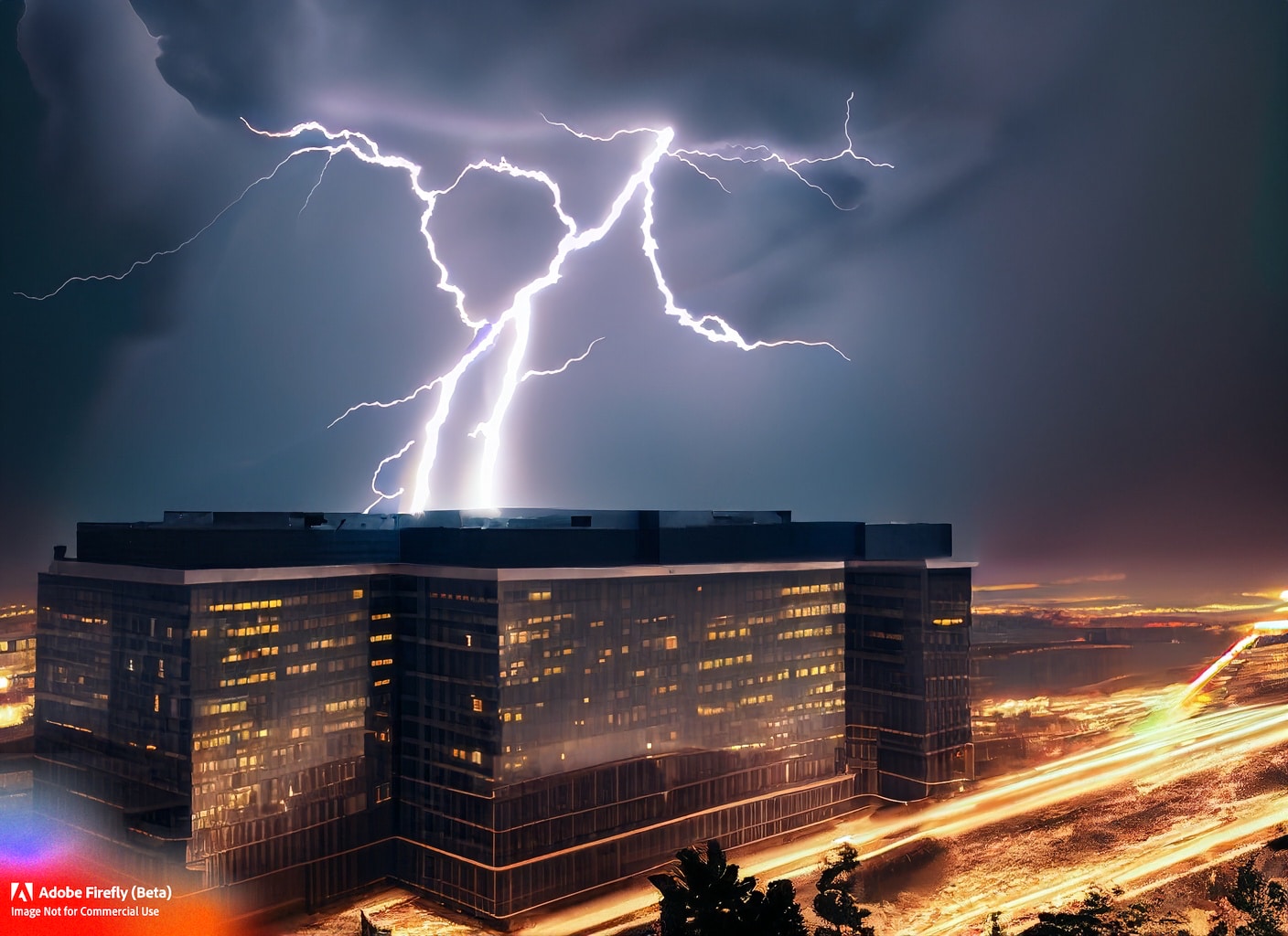 Firefly lightning hitting the corner of the roof of an office building with lights on near a city